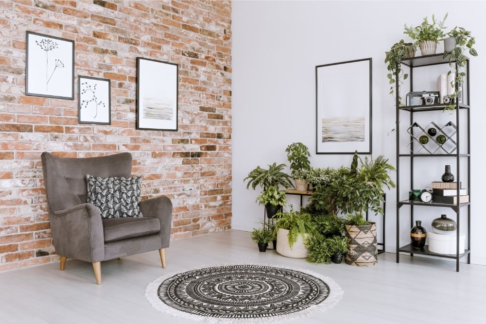 modern apartment with brick and plants